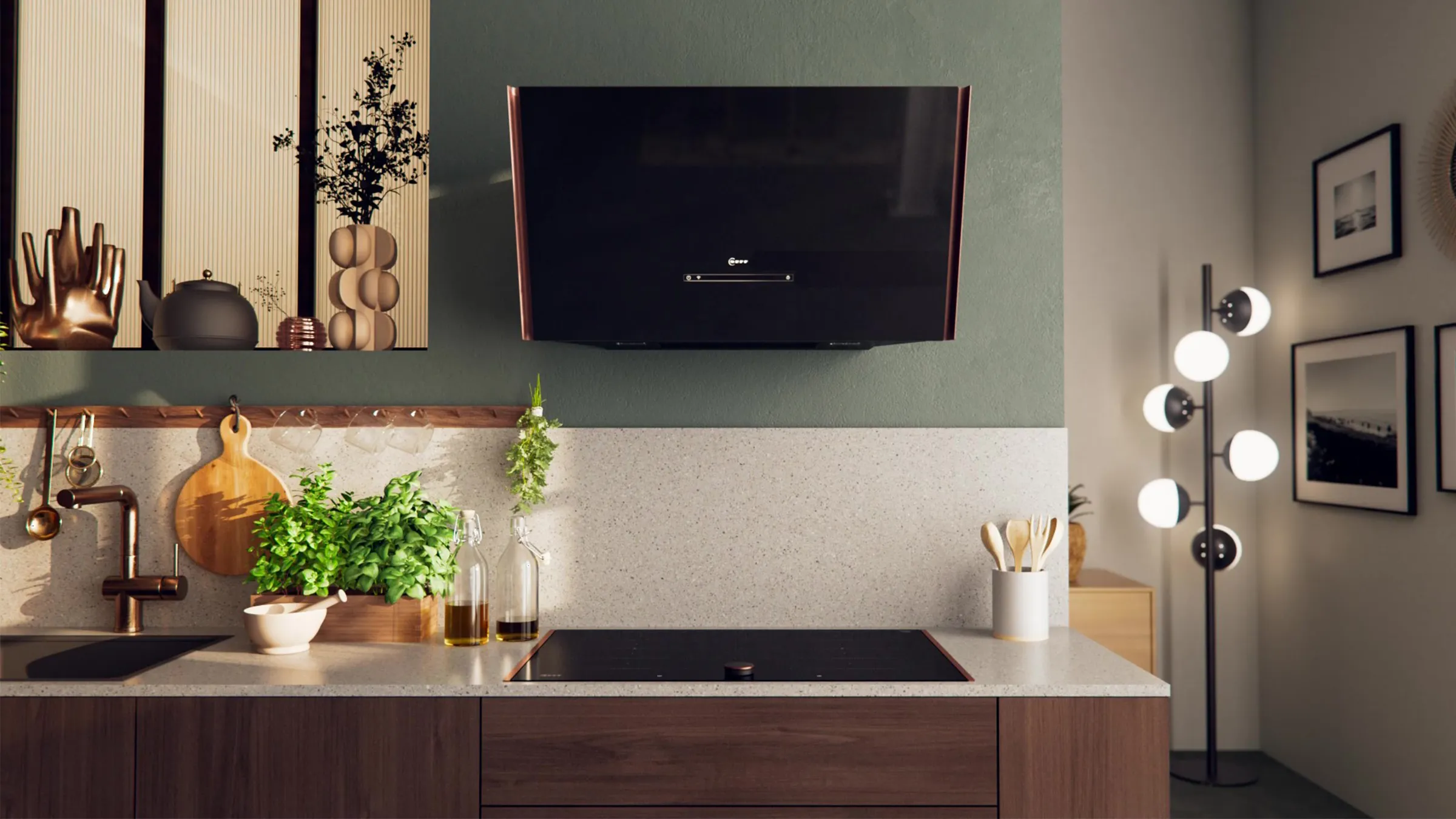 Modern kitchen with wooden cabinets, TV, plants, and decorative items.