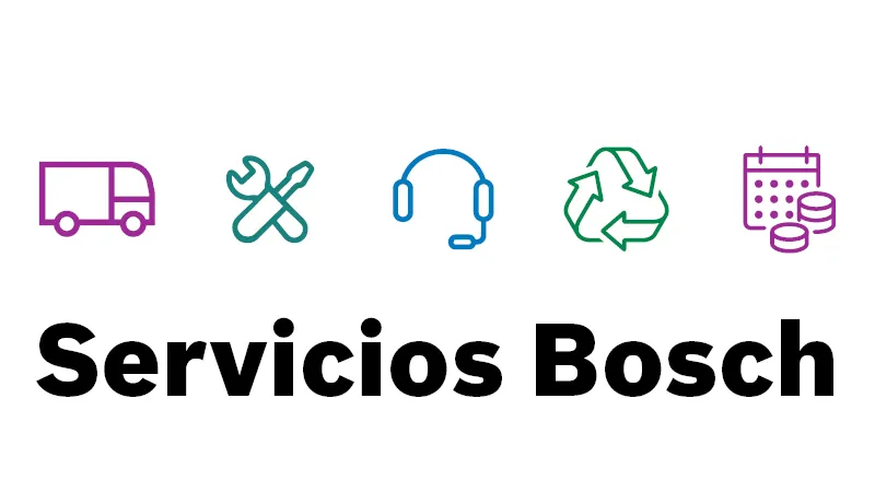 Iconos coloridos que representan los servicios ofrecidos por Bosch, incluyendo transporte, herramientas, auriculares, reciclaje y una calculadora.