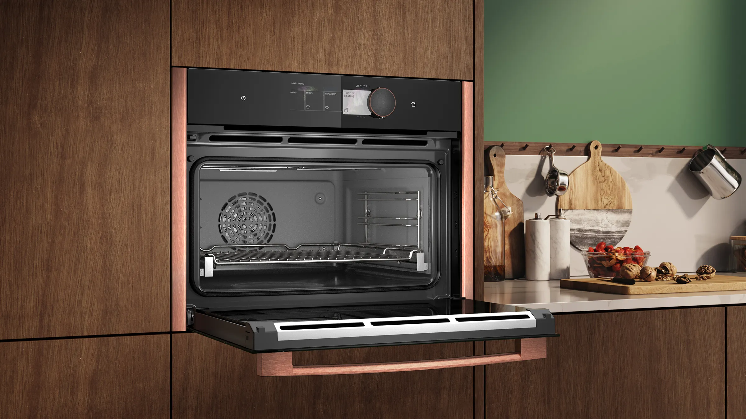 Microwave Oven with Brushed Bronze side strips, shown with door open  