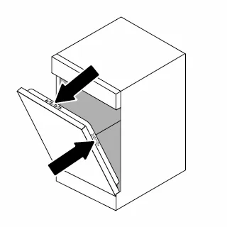 Diagram of a dishwasher installation showing the door opening with arrows indicating hinges.