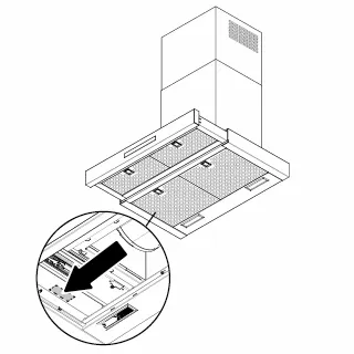 Diagram of a Bosch kitchen range hood with a focus on the filter and installation details.