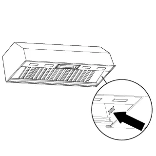 Line drawing of a Bosch kitchen range hood with a close-up showing a filter and button detail.