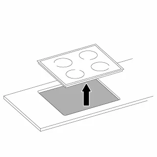 Illustration of a Bosch cooktop being removed from a countertop space with an upward arrow.