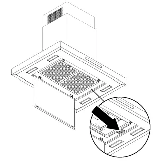 Diagram showing the installation process of a Bosch kitchen range hood with a focus on filter placement.