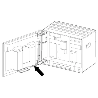 Illustration of an open coffee machine showing internal components with an arrow pointing.