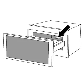 Diagram of an open oven drawer with an arrow pointing to the inner compartment.