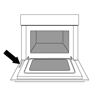 Illustration of an open oven door with an arrow pointing to a label on the door frame.