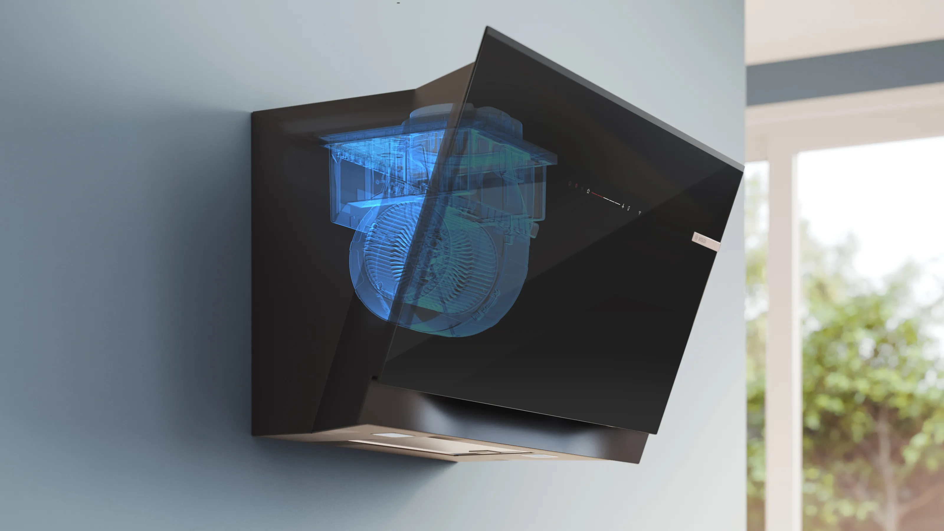 Black cube-shaped device with a glowing blue sphere inside, mounted on a wall.
