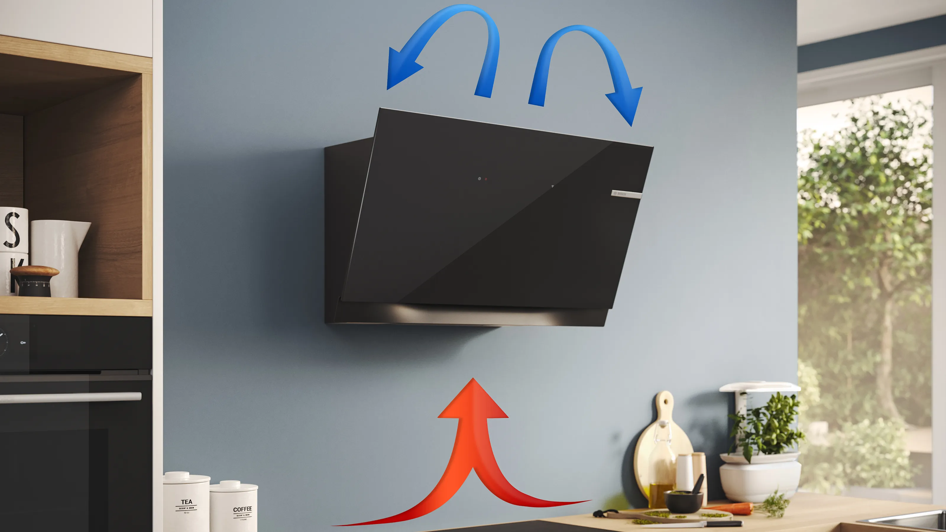 Black leather handbag, red high-heeled shoes, and various household items on shelves.