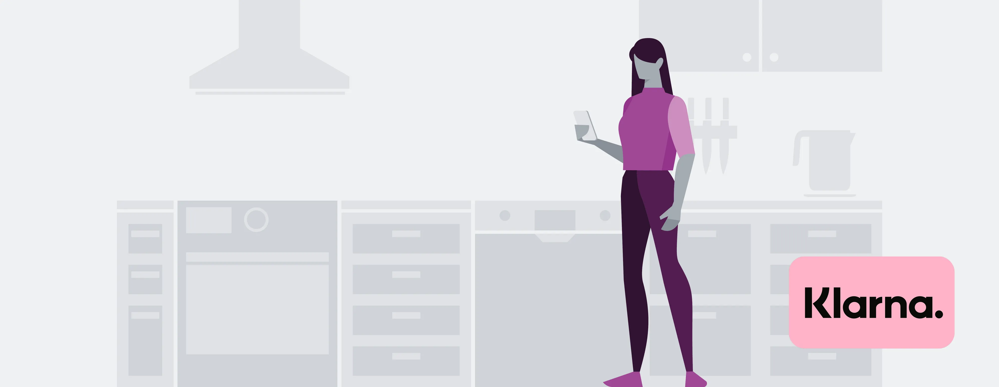 Woman in purple outfit standing in modern kitchen interior with Klarna logo.
