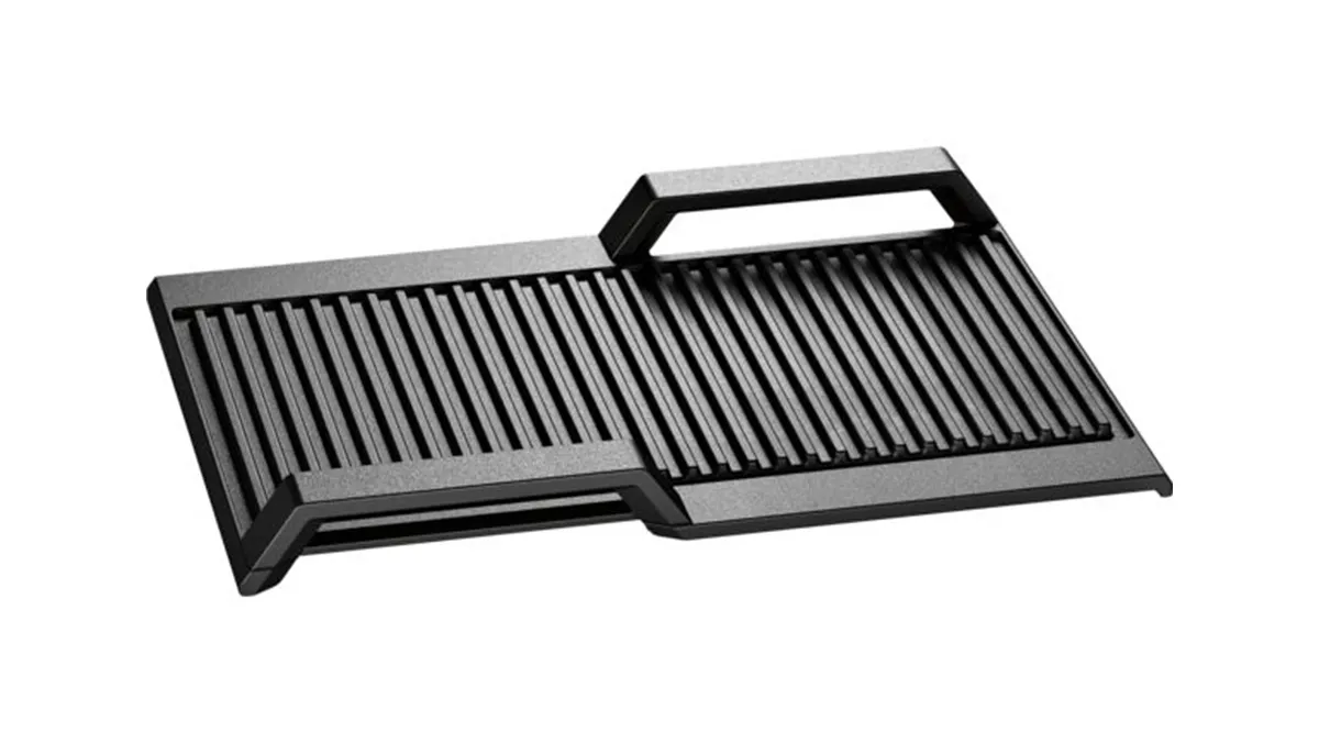 Rectangular black grill with parallel metal bars and a handle on top.