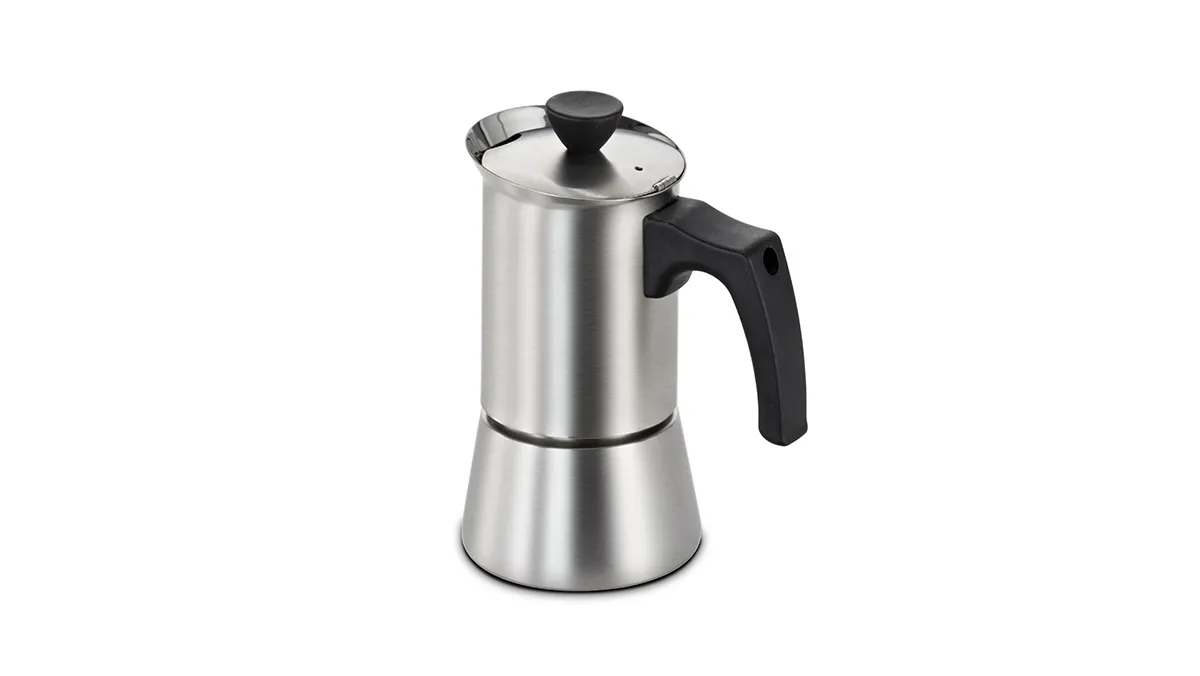 Stainless steel stovetop espresso maker with black handle and lid.