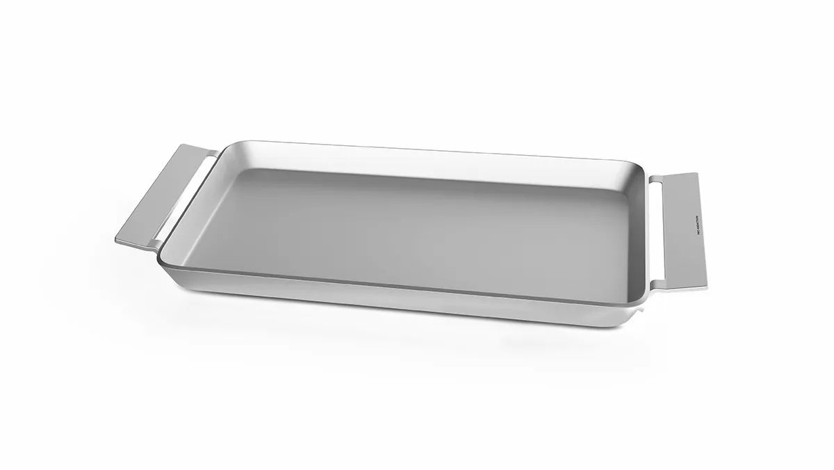 Rectangular metal tray or container with handles on the sides, likely used for storage or organization.
