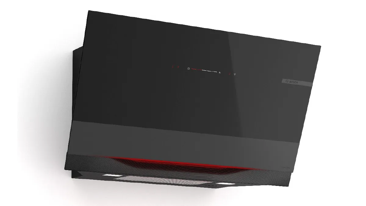 Black modern wall-mounted range hood with red accent.