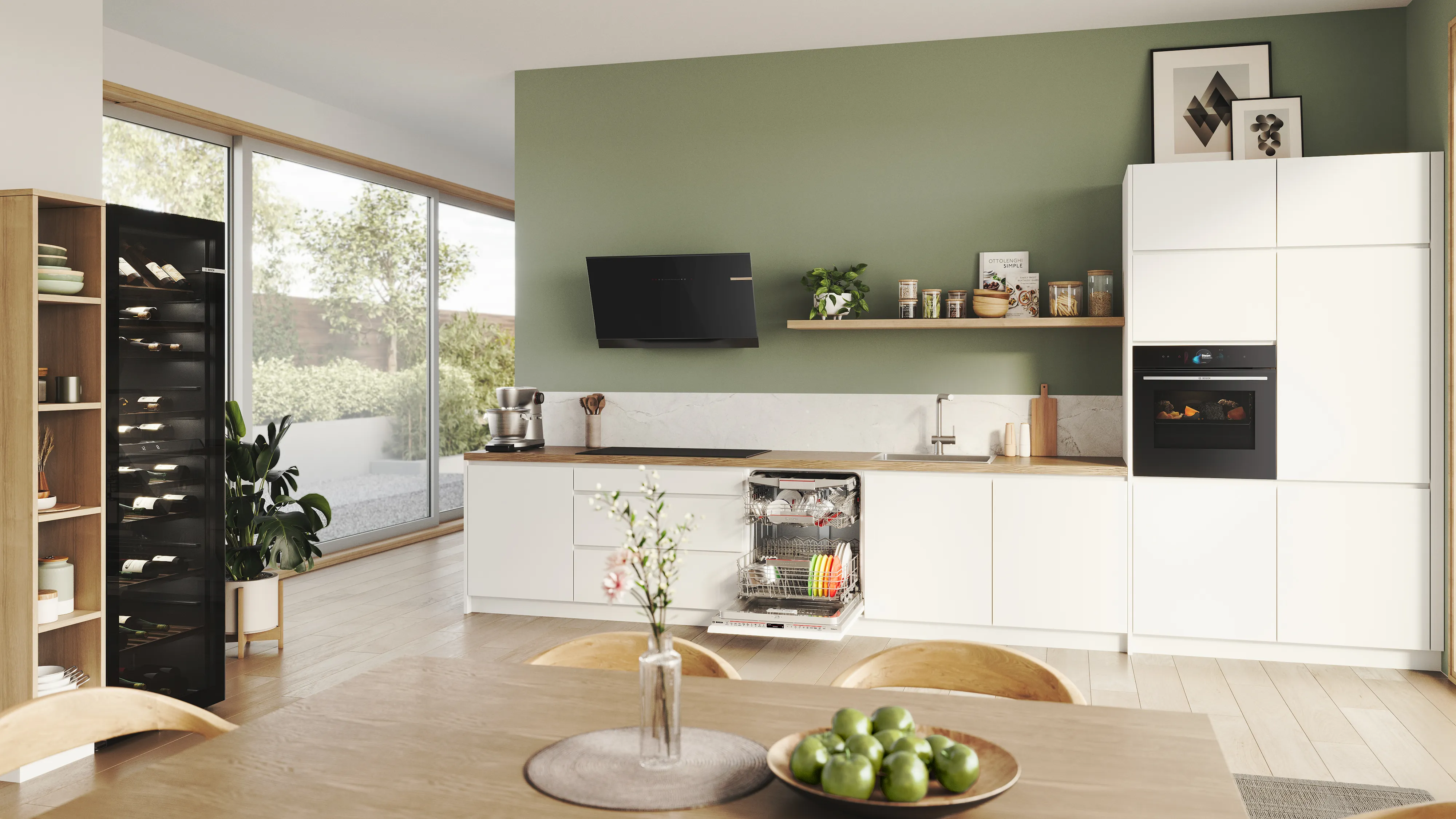 Een wasmachine, droger, koelkast en een vaatwasser staan in de rij.