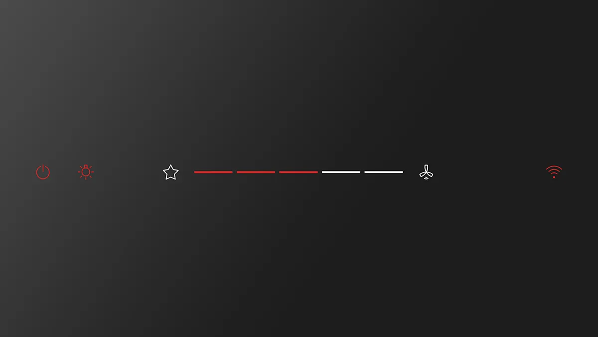 Black background with red status indicators for power, brightness, wifi, and other functions.