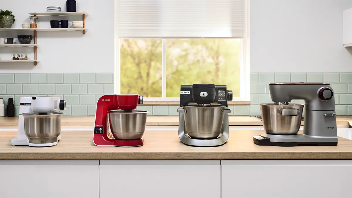 A lineup of the four Bosch stand mixer series.