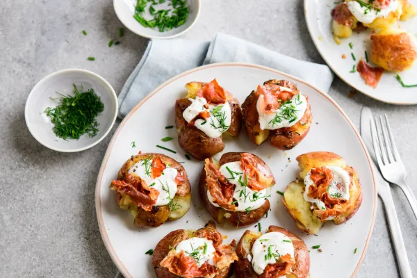 Smashed Red Potatoes with Crispy Prosciutto