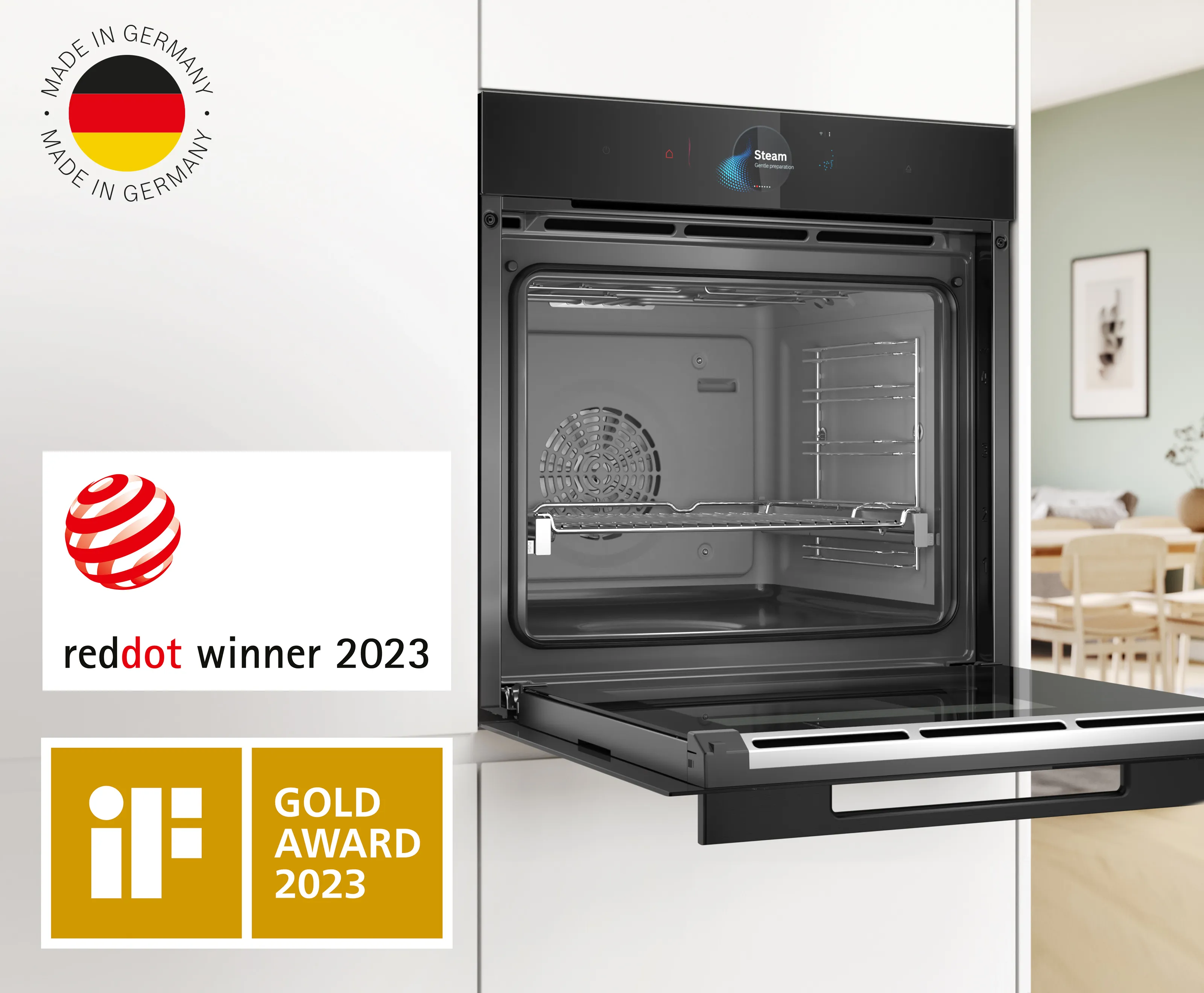 Cuptor încorporabil deschis Bosch; Logo Made in Germany; Logo câștigător reddot 2023; Logo iF Gold Award 2023