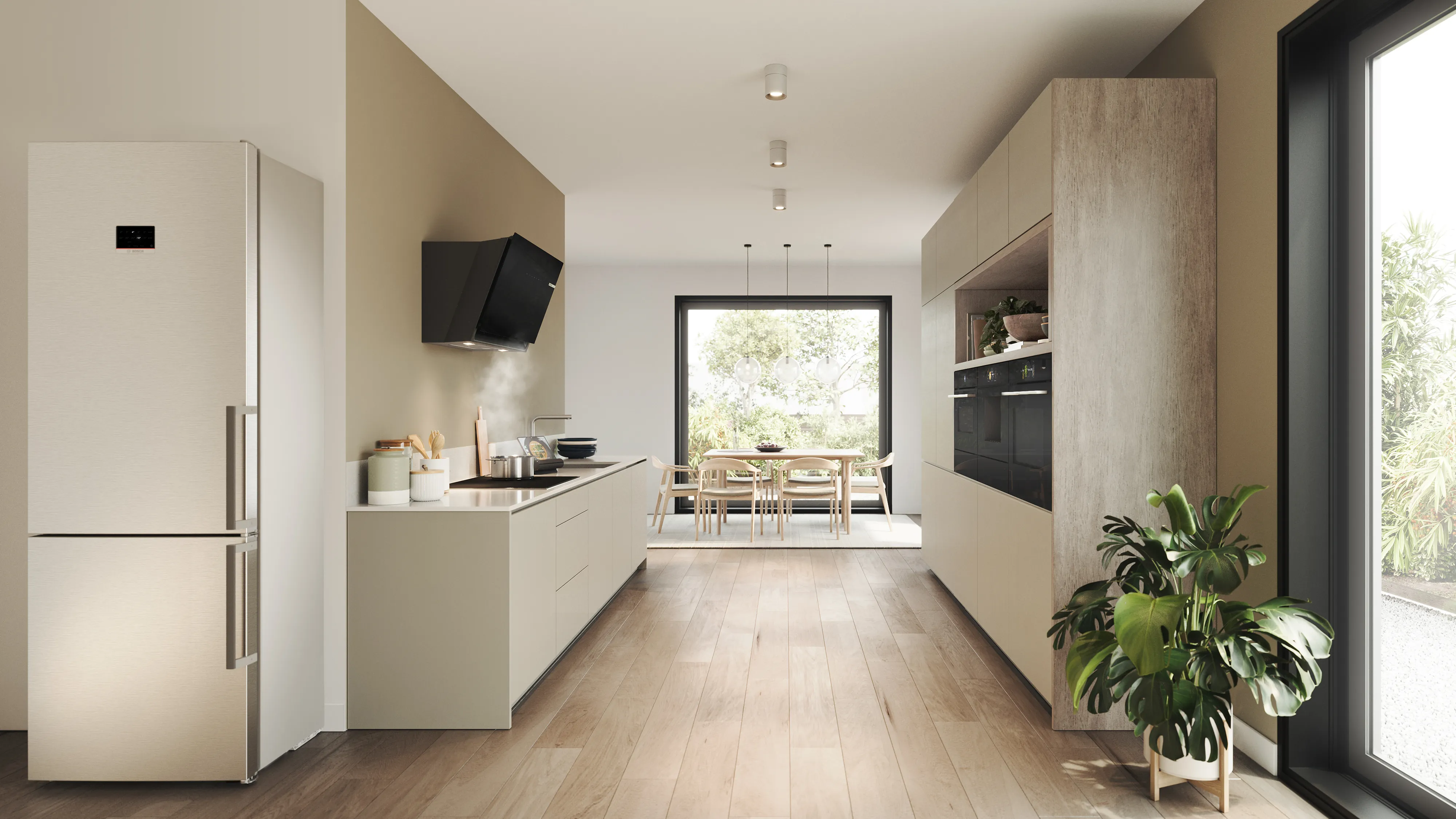 Bosch appliances in a modern white kitchen.