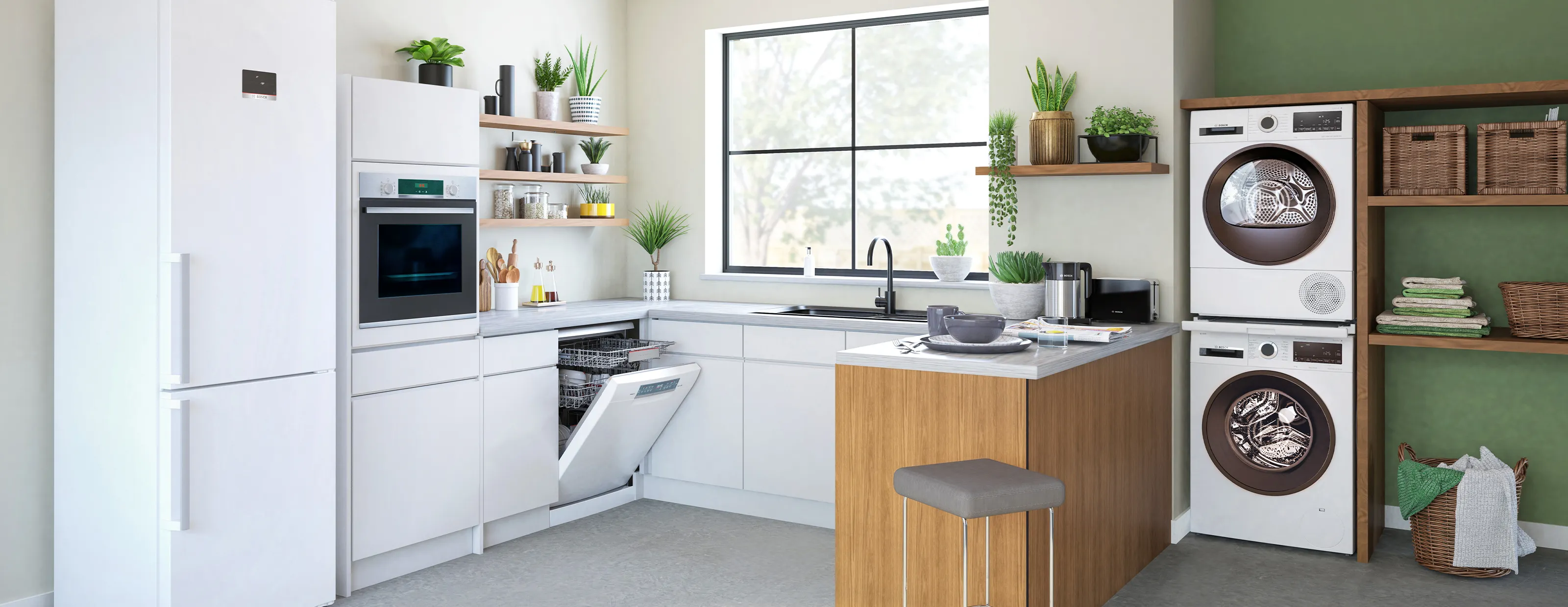 Modern kitchen with white cabinets, wooden island, appliances, and plants.