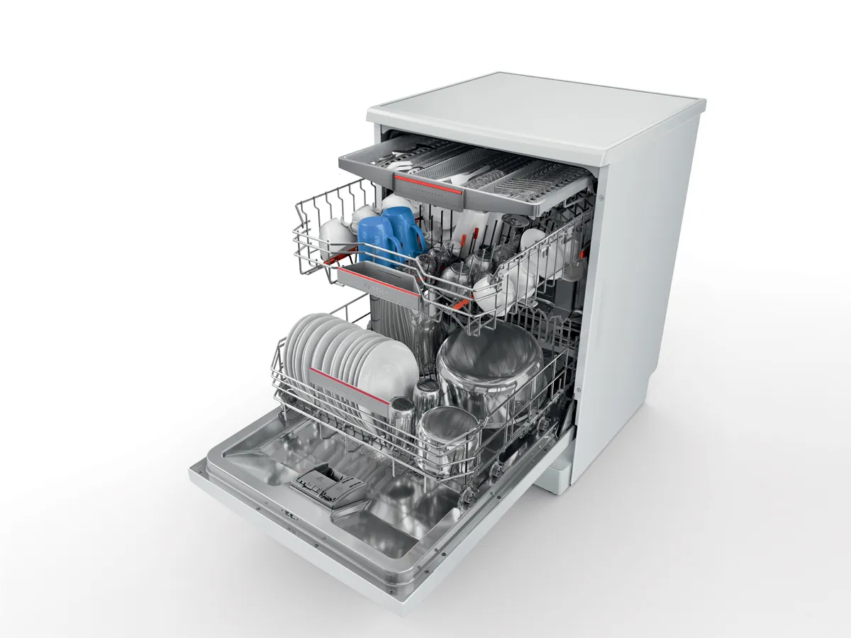 Close-up of Bosch branding on a dishwasher, reflecting the rigorous quality checks for durability and trusted performance.