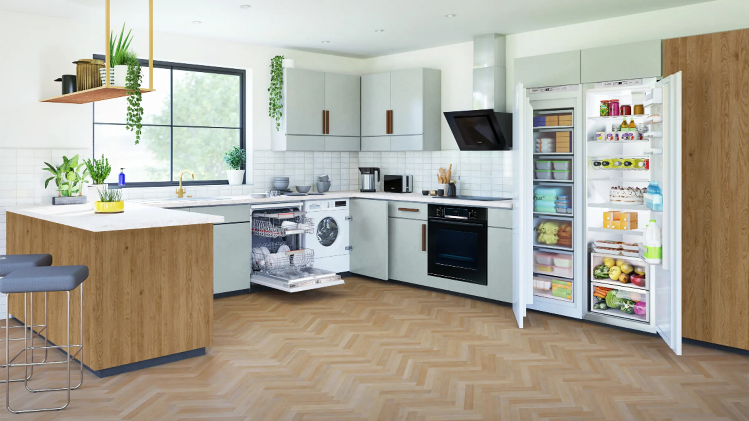Modern kitchen with white cabinets, wooden countertops, appliances, and plants.