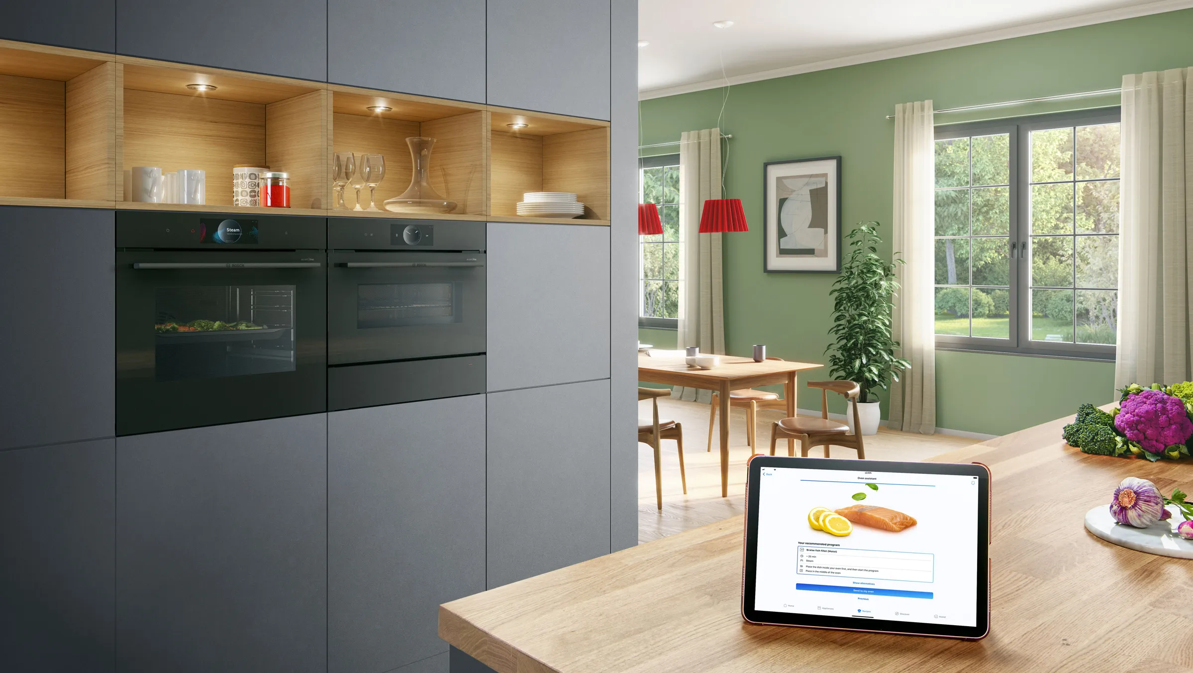 Accent line Dampfgarer und Sensor-Backofen in einer eleganten Küche mit Home Connect.