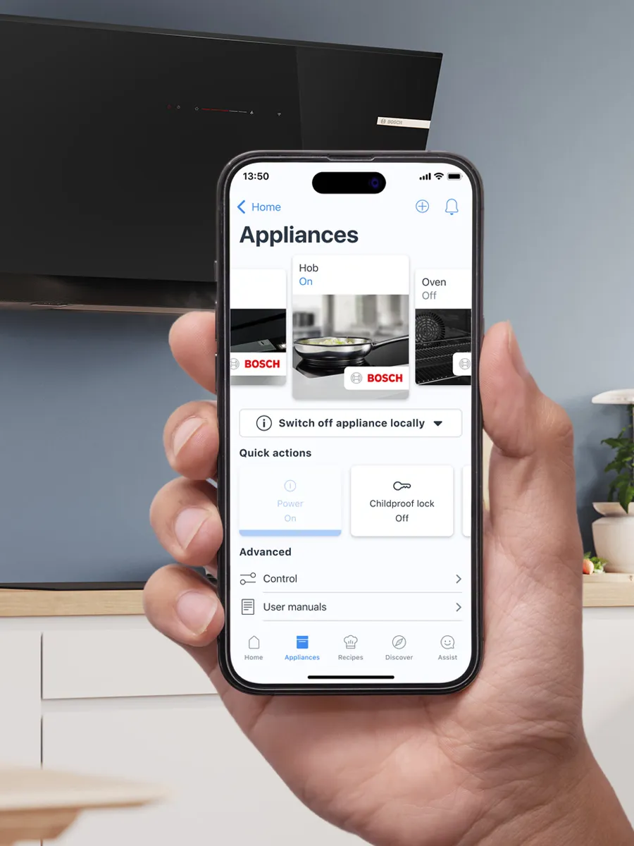 Smartphone displaying "Appliances" app interface with various home appliance options.