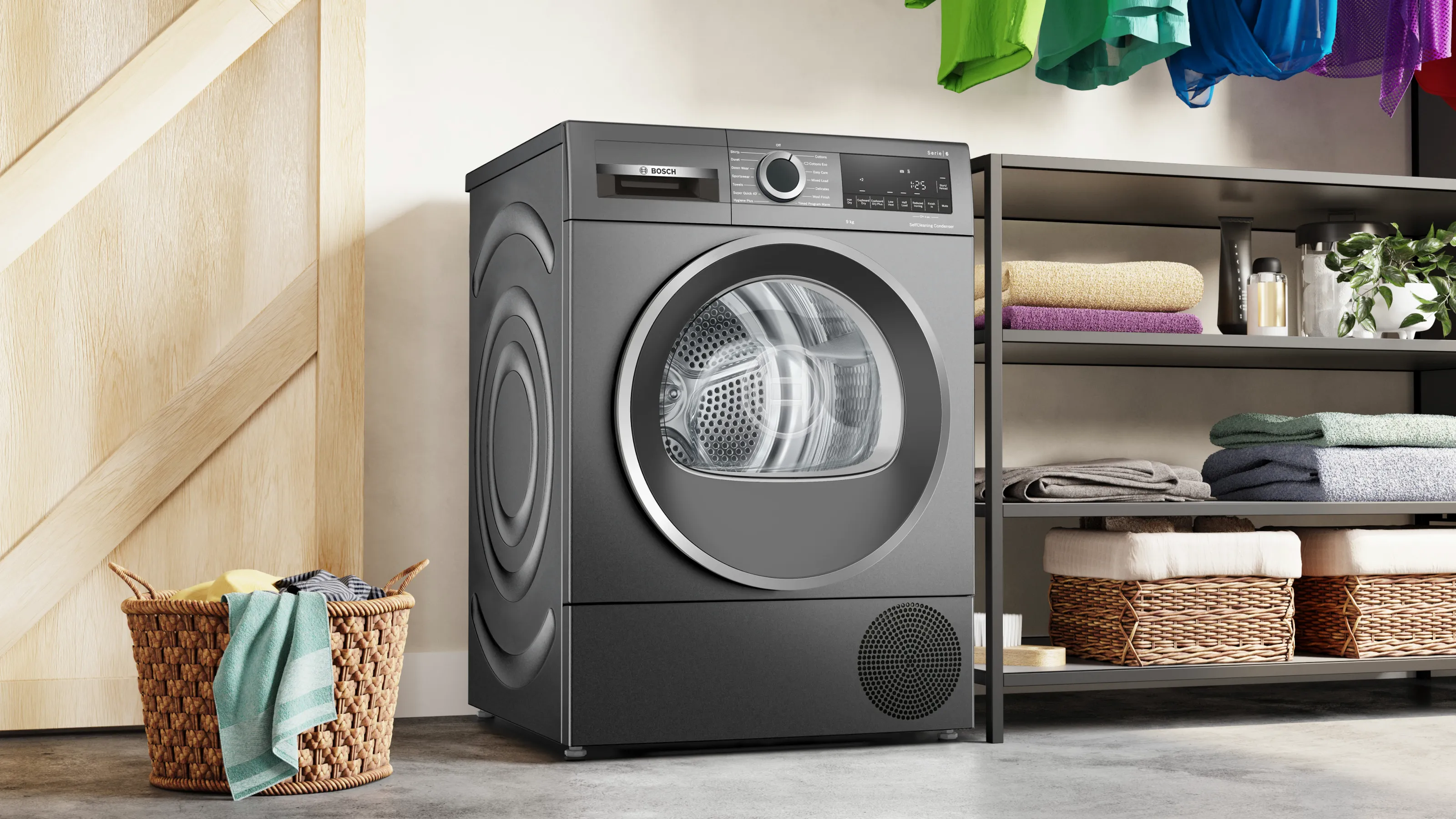 A washing machine and a dryer stacked on top of each other in a laundry room.