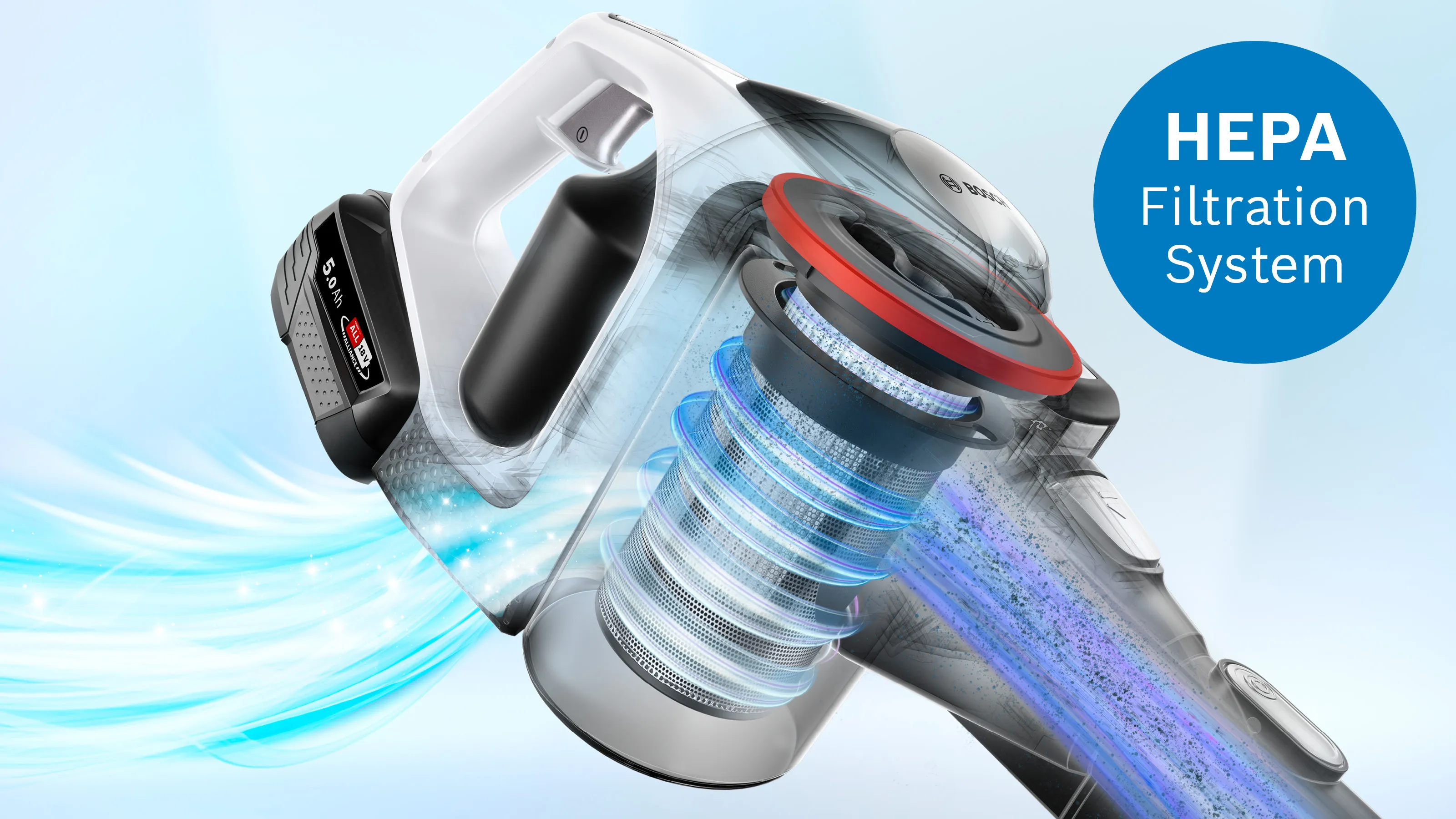 A cutaway view of a Bosch cordless vacuum cleaner, showing its internal HEPA filtration system with blue airflow lines, and a blue circle with text "HEPA Filtration System."