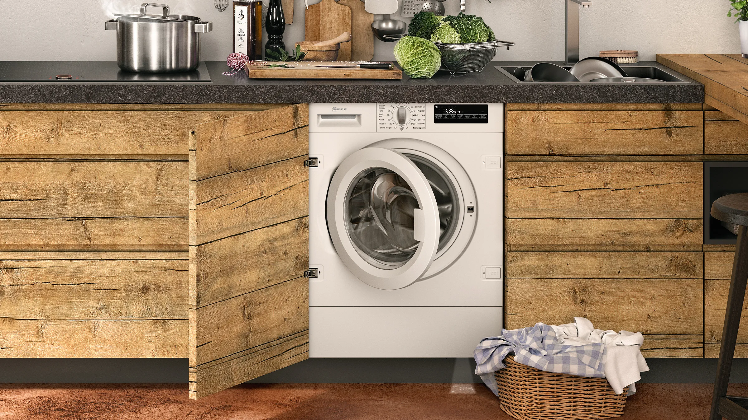 Rustic kitchen with washing machine, wooden cabinets, and kitchen utensils.