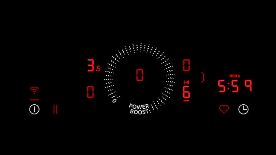 Digitales Dashboard Display mit Power Boost Indikator, Tacho und Zeit.