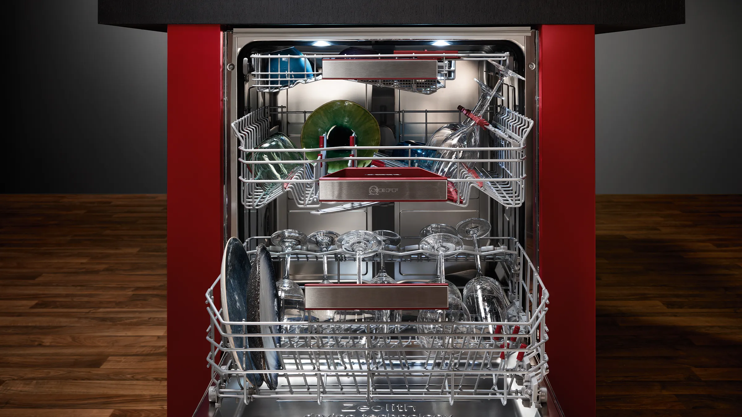 Open stacked dishwasher
