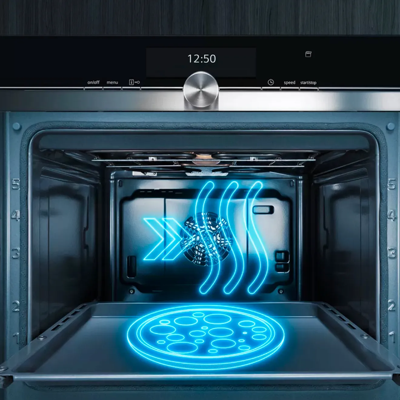 Futuristic oven interior with glowing neon lights, displaying time and cooking process.