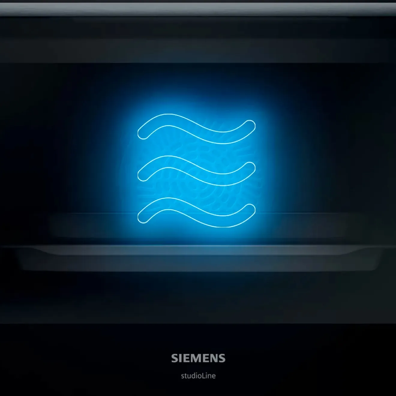 Glowing blue wave-like symbol on a dark background with the Siemens logo.