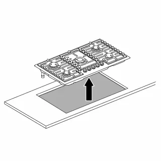 Illustration of a Bosch gas cooktop being removed from a kitchen countertop.