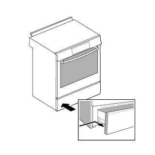 Illustration of a Bosch oven with an inset showing a close-up of the door seal above a drawer.