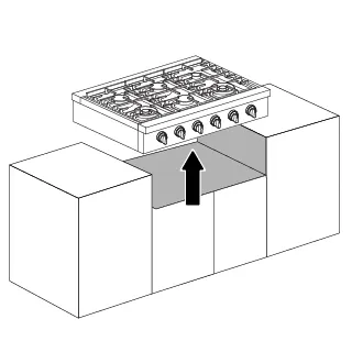 Illustration of a Bosch built-in gas cooktop installation in a kitchen counter.