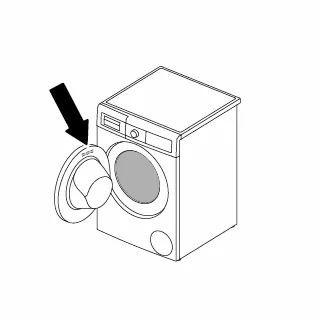 Illustration of a Bosch front-loading washing machine with an open door, indicated by an arrow.