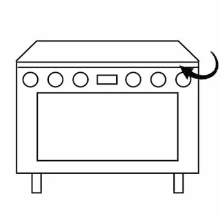 Line drawing of a Bosch stove with five knobs and an arrow pointing to one on the right.