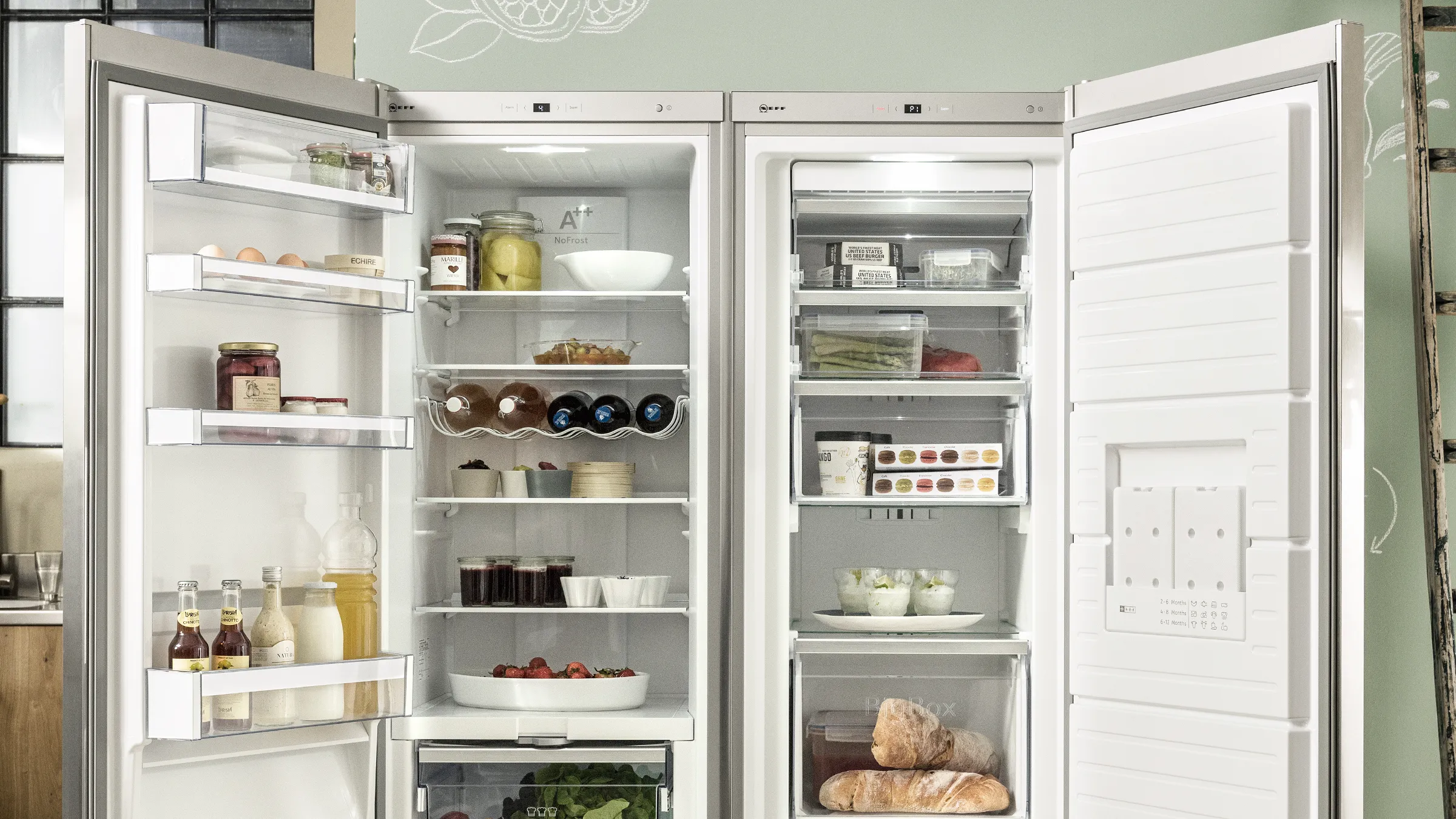 A close-up of a double-door refrigerator.