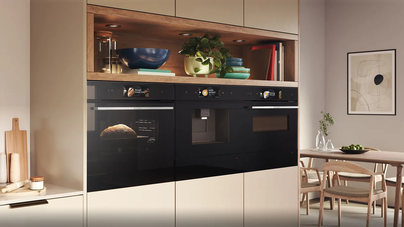Modern kitchen built-in ovens and coffee machine with bread baking and coffee brewing in a minimalist dining area.