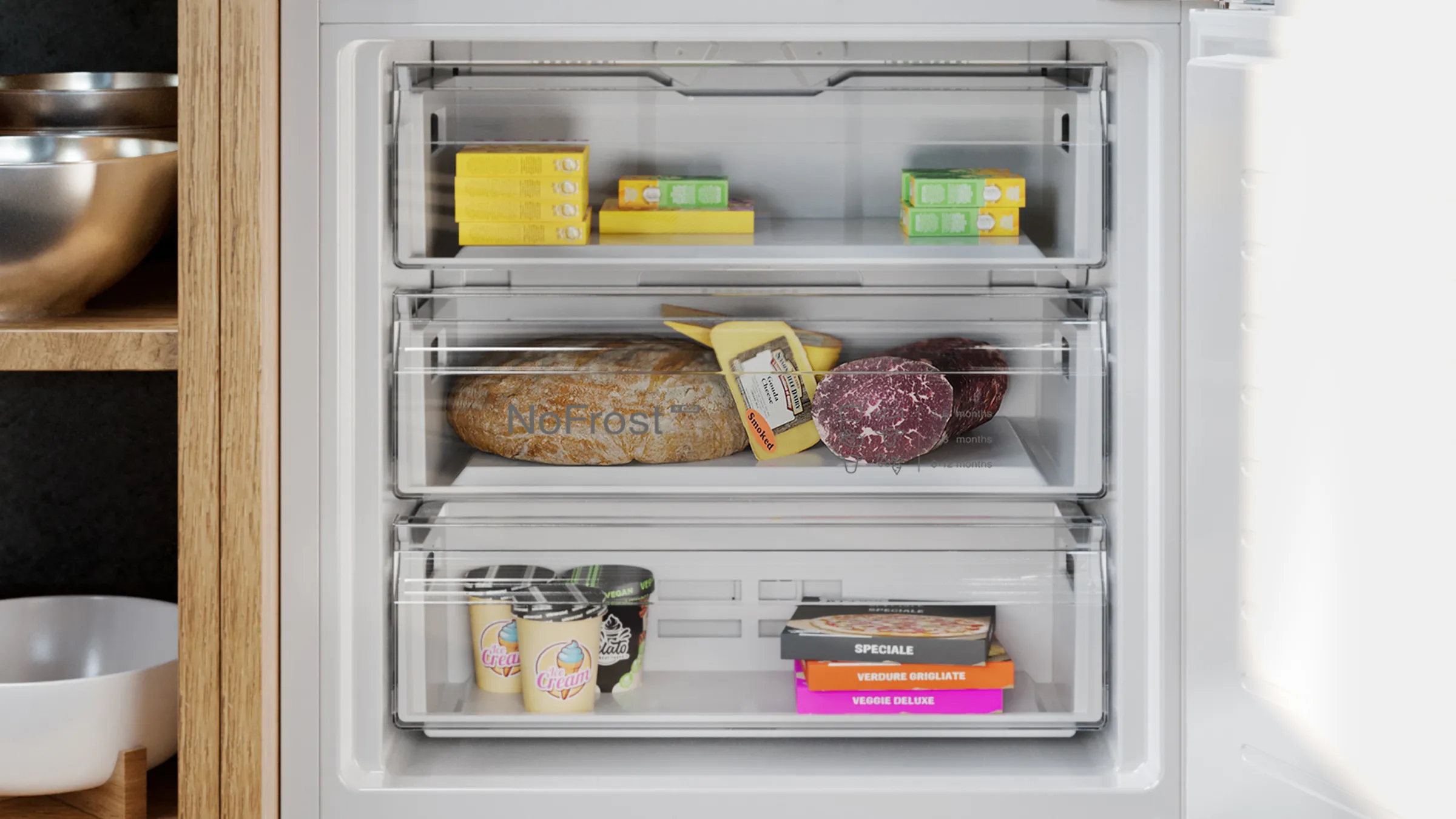 Open refrigerator with various food items, including bread, meat, and dairy products, as well as some packaged items.