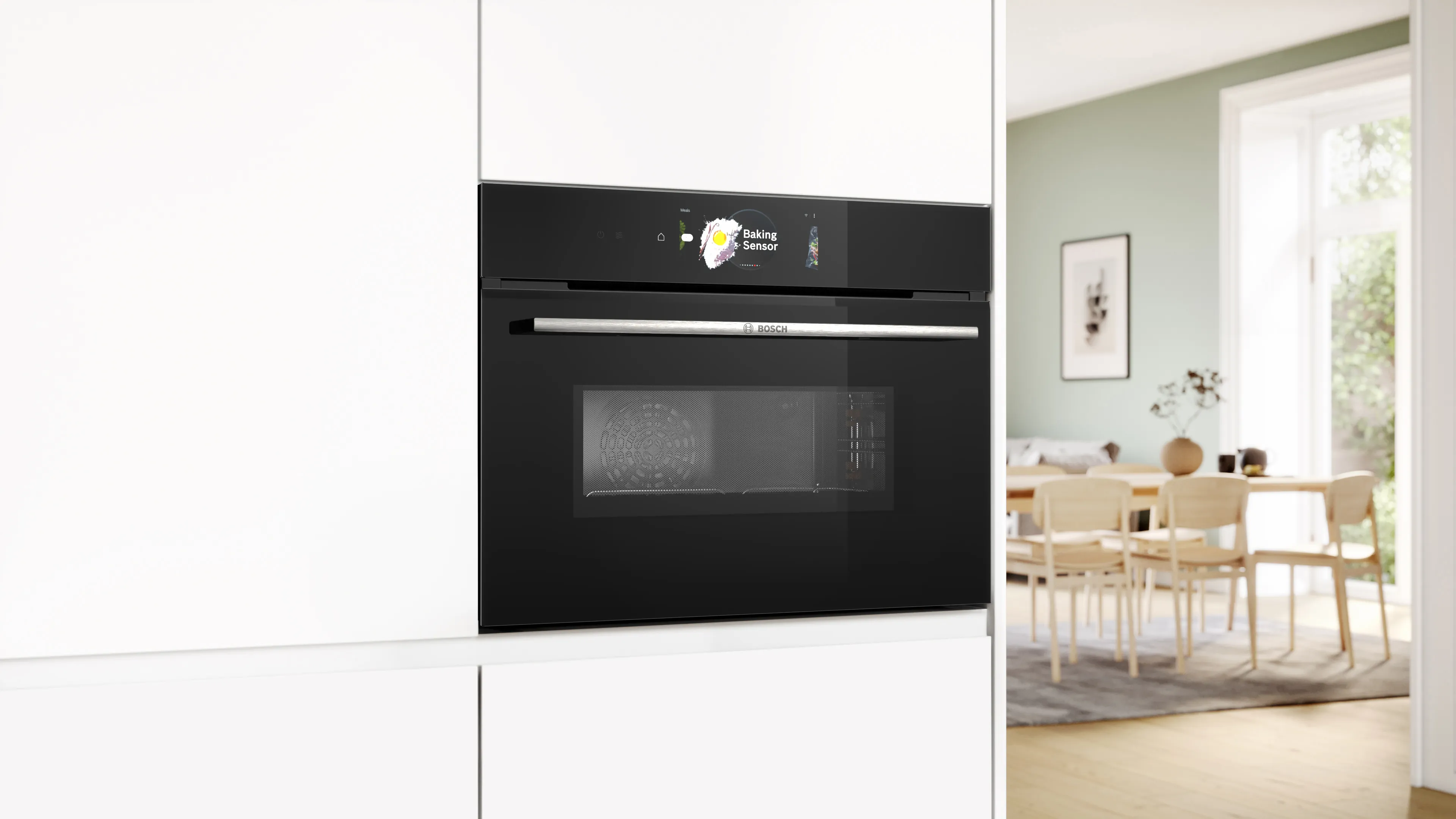 Elegante, moderno forno con display digitale e pannello di controllo, che mostra tecnologia di cottura avanzata.
