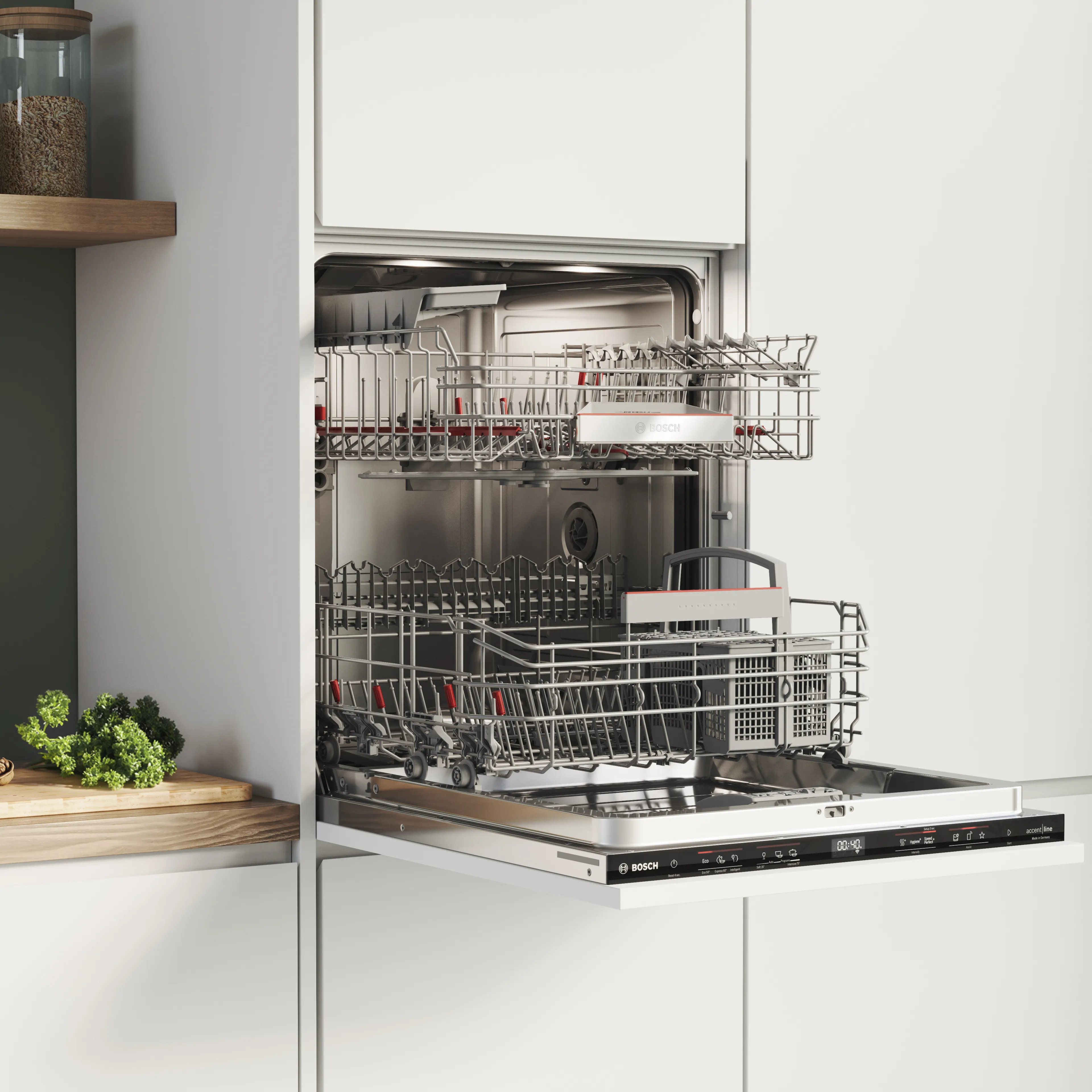 Opened Bosch dishwasher with nothing inside