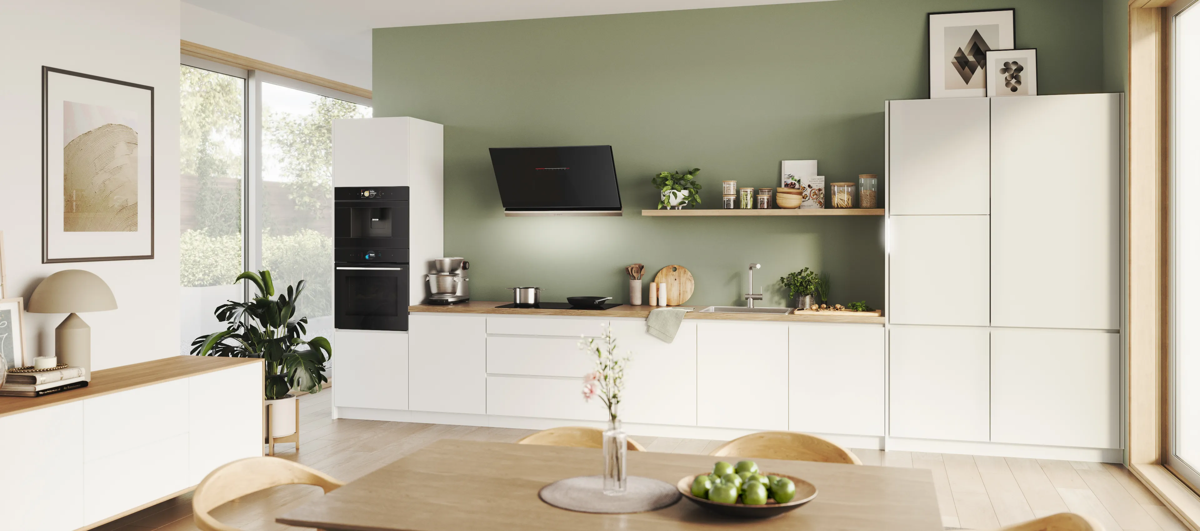 Bucătărie modernă cu mobilier de culoare deschisă, echipată cu electrocasnice Bosch