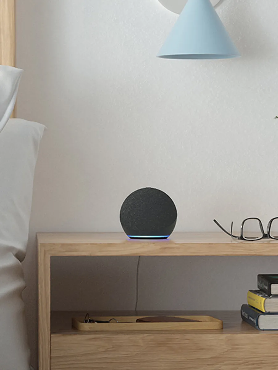 Holzschrank mit Büchern, einem schwarzen smart Lautsprecher und einem blauen Lampenschirm an der Wand.