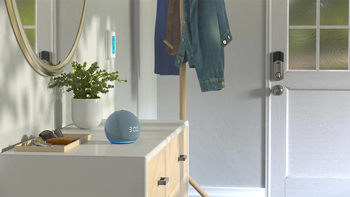 Minimalistische Einfahrt mit Spiegel, Pflanze und Lagereinheit; an der Wand hängende Mäntel.