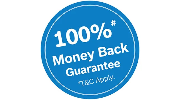 A blue circular badge with white text "100% Money Back Guarantee" and "T&C Apply".
